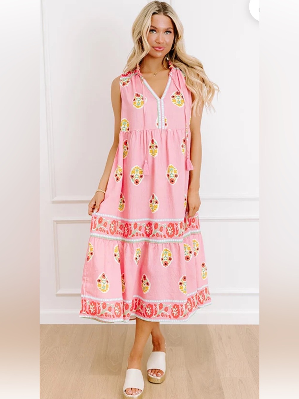 Umgee pink floral bohemian midi dress tassel ties Size L